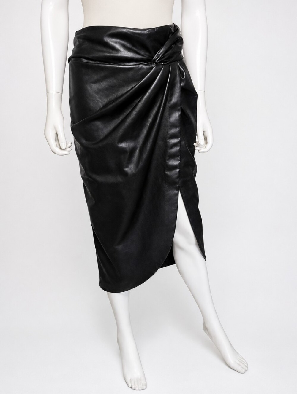 JONATHAN SIMKHAI | Black Vegan Leather Draped Twist Wrap Midi Skirt Size 4